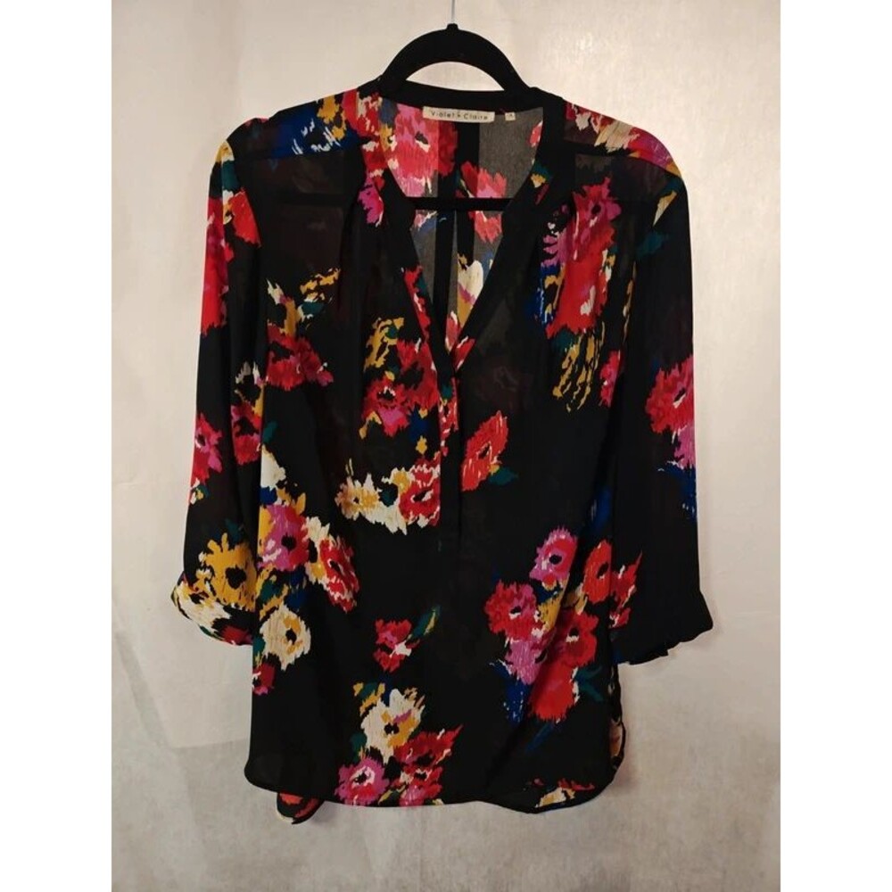 Violet + Claire Black Floral Long Sleeve Blouse Plus Size 1X
